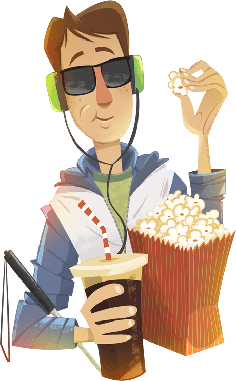 Imagem ilustrada de um rapz utlizando óculos escuros, um fonte de ouvido com detales verdes, comendo pipoca e tomando sorvete